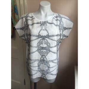 Zara Woman Rope Print Grey Cream Medium Short Sleeve T shirt Unfinished hem